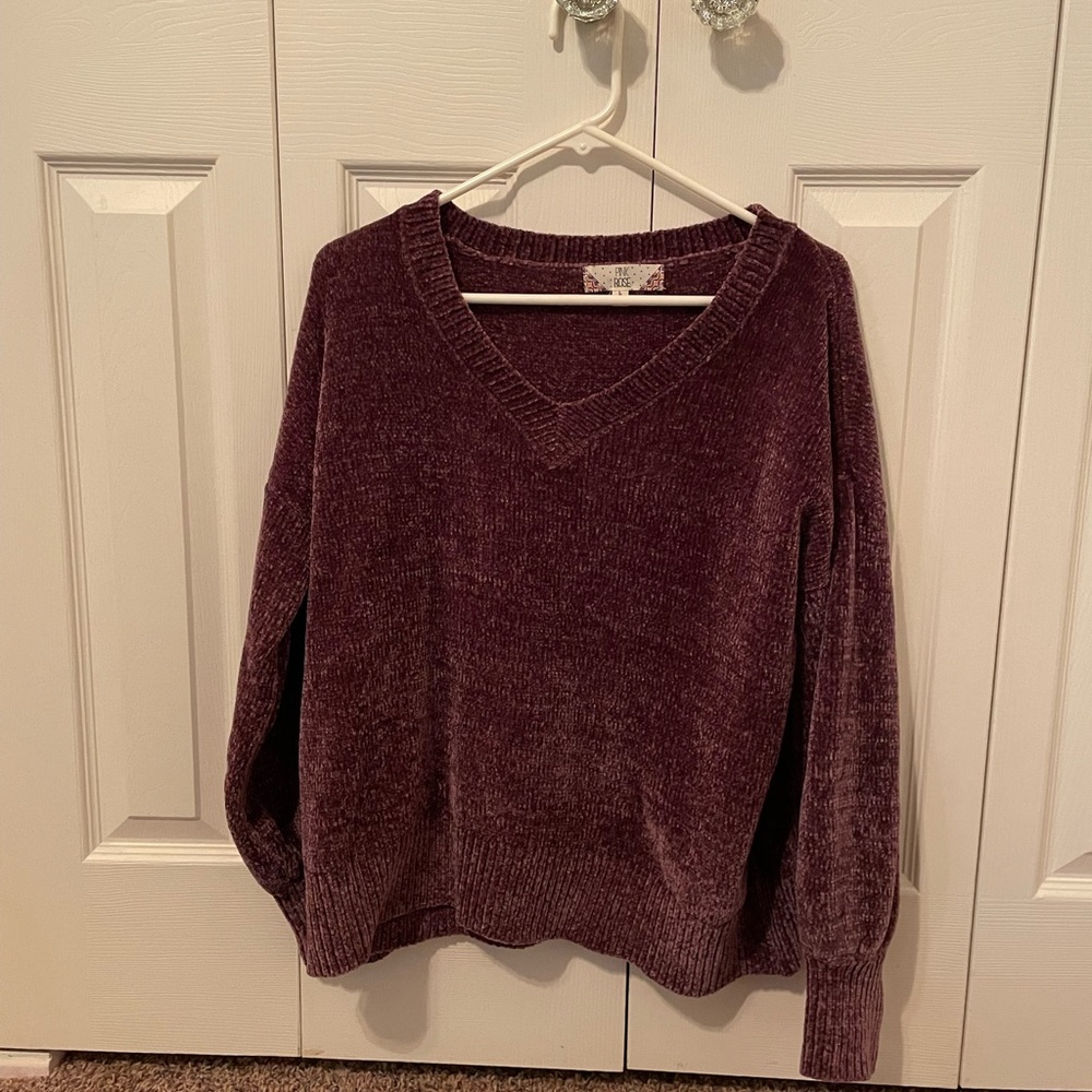 Purple v-neck sweater, chenille.